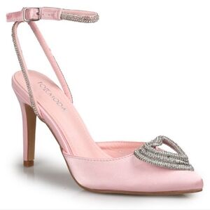 TOP MODA Pink Satin Freya Pointed Toe Sparkly Heart Ankle Strap Heel, Size 6.5